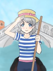 Rule 34 | 1girl, aqua eyes, artist name, artist request, blue eyes, blue pants, blue sky, blush, boat, breasts, bridge, brown hair, brown hat, cloud, collarbone, day, female focus, grey hair, hair between eyes, hat, highres, holding, light brown hair, looking at viewer, love live!, love live! sunshine!!, outdoors, pants, salute, shirt, short hair, sky, small breasts, solo, striped clothes, striped shirt, watanabe you, watercraft