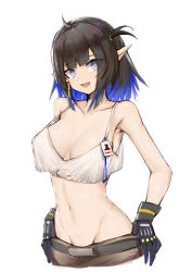 Rule 34 | 1girl, absurdres, arknights, black gloves, black hair, blue eyes, blue hair, blunt bangs, breasts, brown shorts, crop top, dodo (yatotoyatoto), ear piercing, eunectes (arknights), eunectes (forgemaster) (arknights), gloves, groin, highres, id card, large breasts, multicolored hair, official alternate costume, open mouth, piercing, pointy ears, rhodes island logo (arknights), shirt, short hair, shorts, simple background, solo, spaghetti strap, two-tone hair, white background, white shirt