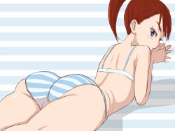 Rule 34 | 1girl, ass, back, bad id, bad nijie id, blue eyes, blue panties, blush, bra, brown hair, female focus, interlocked fingers, looking at viewer, looking back, lying, marugori (nijie719293), midriff, on stomach, open mouth, original, own hands together, panties, ponytail, profile, solo, striped background, striped clothes, striped panties, underwear, underwear only