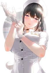 Rule 34 | 1girl, absurdres, adjusting clothes, adjusting gloves, black choker, black hair, blush, breasts, buttons, choker, closed mouth, commentary, english commentary, glove pull, gloves, half-closed eyes, hat, highres, kfr, large breasts, long hair, looking at viewer, name tag, nurse, nurse cap, original, photoshop (medium), purple eyes, short sleeves, sidelocks, smile, solo, tareme, upper body, white gloves, white hat