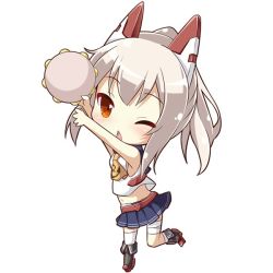 Rule 34 | anchor symbol, arm up, ayanami (azur lane), azur lane, bad id, bad twitter id, bare arms, bare shoulders, black footwear, blue sailor collar, blue skirt, blush, boots, brown hair, chestnut mouth, chibi, commentary request, full body, hand up, headgear, high ponytail, holding, holding instrument, instrument, knee boots, long hair, memorii (memory 0w0), midriff, music, navel, one eye closed, parted lips, playing instrument, pleated skirt, ponytail, red eyes, sailor collar, shirt, sidelocks, simple background, single sock, single thighhigh, skirt, sleeveless, sleeveless shirt, socks, solo, tambourine, thighhighs, white background, white shirt, white socks, yellow neckwear