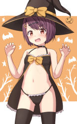 Rule 34 | 1girl, absurdres, babydoll, bare arms, bare shoulders, black collar, black hat, black panties, black thighhighs, blush, bow, brown background, brown bow, brown eyes, collar, commentary request, frilled panties, frills, gluteal fold, groin, hair ornament, hairclip, halloween, hat, hat bow, highres, looking at viewer, navel, open mouth, original, panties, purple hair, solo, standing, takasuma hiro, thighhighs, two-tone background, underwear, underwear only, white background, witch hat