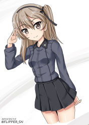 Rule 34 | 10s, 1girl, alternate costume, arm behind back, black ribbon, black skirt, brown eyes, closed mouth, commentary, cowboy shot, dated, dress shirt, dutch angle, emblem, flipper, girls und panzer, grey shirt, hair ribbon, kuromorimine school uniform, light brown hair, long hair, long sleeves, looking at viewer, miniskirt, one-hour drawing challenge, pleated skirt, ribbon, salute, school uniform, shimada arisu, shirt, side ponytail, skirt, smile, solo, standing, twitter username