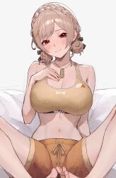Rule 34 | 1girl, absurdres, bare shoulders, barefoot, blush, braid, breasts, brown hair, brown sports bra, cartoon bone, cleavage, closed mouth, collarbone, crown braid, dog tags, furen e lustario, furen e lustario (5th costume), grey background, hand on own chest, highres, large breasts, looking at viewer, midriff, navel, nijisanji, official alternate costume, official alternate hairstyle, open mouth, orange shorts, parted bangs, red eyes, shorts, simple background, smile, solo, sooon, sports bra, toes, very low bun, virtual youtuber, wavy mouth, white background