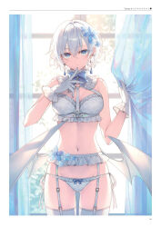 Rule 34 | 1girl, bare shoulders, blue eyes, blue flower, breasts, closed mouth, crossed bangs, curtains, detached sleeves, finger to face, flower, garter straps, gloves, hair between eyes, hair flower, hair ornament, highres, holding, indoors, looking at viewer, low wings, medium breasts, navel, original, scan, short hair, sidelocks, smile, solo, standing, stomach, thighhighs, toosaka asagi, white garter straps, white gloves, white thighhighs, white wings, window, wings