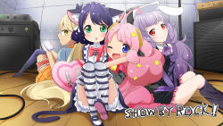 Rule 34 | 10s, 4girls, animal ears, bell, blonde hair, blue eyes, bow, cat ears, cat tail, cellphone, chuchu (show by rock!!), cyan (show by rock!!), electric guitar, glasses, green eyes, guitar, hairband, highres, instrument, lolita fashion, lolita hairband, long hair, looking at viewer, makuran, moa (show by rock!!), multiple girls, one eye closed, open mouth, over-kneehighs, phone, pink hair, purple hair, rabbit ears, red eyes, retoree (show by rock!!), show by rock!!, silver hair, sitting, smile, speaker, stage, star (symbol), striped clothes, striped legwear, striped thighhighs, tail, thigh strap, thighhighs, very long hair, wallpaper, yellow eyes, zettai ryouiki