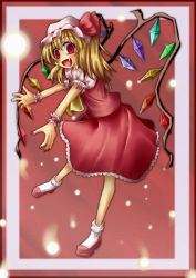 Rule 34 | 1girl, bad id, bad pixiv id, blonde hair, blouse, fang, female focus, flandre scarlet, full body, hair between eyes, hat, mob cap, red eyes, red wrist cuffs, shirt, socks, solo, touhou, white hat, white shirt, white socks, wings, wrist cuffs, yuzu izumi