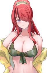 Rule 34 | 1girl, bad id, bad twitter id, bandeau, bare shoulders, bikini, black hair, blush, breasts, cleavage, commentary request, earrings, green bikini, hair over one eye, hand on own hip, highres, jacket, jewelry, kousi sirazawa, lain paterson, lain paterson (1st costume), large breasts, long hair, long sleeves, looking at viewer, multicolored hair, navel, nijisanji, off shoulder, ponytail, red hair, simple background, smile, solo, stomach, streaked hair, swimsuit, upper body, virtual youtuber, white background, yellow jacket
