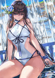 Rule 34 | 1girl, bare arms, bare shoulders, black eyes, black hair, blush, breasts, covered navel, cowboy shot, flower, hair flower, hair ornament, highres, large breasts, long hair, looking at viewer, one-piece swimsuit, original, parted lips, ran&#039;ou (tamago no kimi), scrunchie, sideboob, sitting, solo, swimsuit, thighs, white one-piece swimsuit, wrist scrunchie