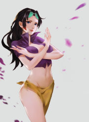 Rule 34 | 1girl, absurdres, blue eyes, blurry, breasts, brown hair, closed mouth, crop top, depth of field, eyewear on head, grey background, groin, head tilt, highres, ili, large breasts, long hair, looking at viewer, navel, original, petals, purple shirt, sarong, shirt, solo, standing, sunglasses