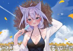 Rule 34 | 1girl, absurdres, ahoge, animal ear fluff, animal ears, ao kotoha, arm behind head, black dress, blush, breasts, candy, cleavage, cloud, cloudy sky, collarbone, commentary request, dress, extra ears, flower, food, fox ears, fox girl, green eyes, hair between eyes, hat, highres, holding, holding candy, holding food, holding lollipop, hololive, lollipop, long hair, looking at viewer, medium breasts, open clothes, open mouth, open shirt, petals, shirakami fubuki, shirt, sidelocks, sky, smile, solo, spaghetti strap, sparkle, straw hat, sunflower, sweat, virtual youtuber, white hair, white shirt