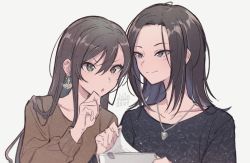 Rule 34 | 2girls, :o, bad id, bad twitter id, bang dream!, black eyes, black hair, black shirt, brown shirt, clenched hand, clipboard, collarbone, dated, earrings, green eyes, grey background, hanazono tae, holding, jewelry, long hair, long sleeves, multiple girls, no bangs, parted hair, pendant, shiontaso, shirt, simple background, smile, upper body, v-shaped eyebrows, wakana rei