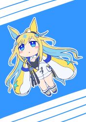 Rule 34 | 1girl, ahoge, animal ears, black tank top, blonde hair, blue background, blue eyes, blue hair, blush stickers, breasts, character name, chibi, cleavage, colored inner hair, commentary request, ear covers, ear ornament, gradient hair, hair ornament, highres, horse ears, jacket, long hair, midair, multicolored clothes, multicolored hair, multicolored jacket, neo universe (umamusume), parted lips, shoes, simoyuki, single ear cover, sleeves past fingers, sleeves past wrists, small breasts, sneakers, solo, streaked hair, tank top, two-tone background, two-tone jacket, umamusume, very long hair, white background, white jacket, yellow jacket