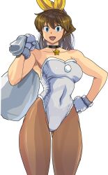 Rule 34 | 1girl, absurdres, bare shoulders, black choker, blue eyes, bow, brown hair, choker, covered navel, cowboy shot, fur-trimmed gloves, fur-trimmed leotard, fur trim, gloves, hair bow, hand on own hip, highleg, highleg leotard, highres, holding, holding sack, leotard, long hair, m.u.g.e.n, oggy (oggyoggy), open mouth, original, pantyhose, ryuko (oggyoggy), sack, solo, star (symbol), star choker, strapless, strapless leotard, tagme, thighs, transparent background, yellow bow