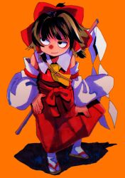 Rule 34 | 1girl, arms at sides, ascot, black eyes, bow, brown hair, closed mouth, collared dress, detached sleeves, dress, full body, gohei, hair bow, hair tubes, hakurei reimu, highres, inuyama konan, light smile, looking to the side, looking up, medium hair, no pupils, orange background, red bow, red dress, sandals, sanpaku, shadow, shide, simple background, socks, solo, standing, tabi, touhou, white sleeves, white socks, yellow ascot, zouri