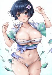 Rule 34 | 1girl, black hair, blue eyes, blue hair, blunt bangs, blush, bowl cut, breasts, chest sarashi, cleavage, collarbone, commentary request, cowboy shot, crop top, exploding clothes, flower, hair flower, hair ornament, hands up, highres, japanese clothes, kimono, large breasts, looking at viewer, navel, open mouth, purple sash, r-binon, sarashi, sash, senran kagura, short hair, sidelocks, simple background, solo, standing, stomach, torn clothes, torn kimono, white background, yozakura (senran kagura)