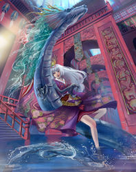 Rule 34 | 1girl, architecture, blue eyes, building, crown, dragon, east asian architecture, eastern dragon, highres, horns, long hair, original, rix, single horn, traditional clothes, water, white hair
