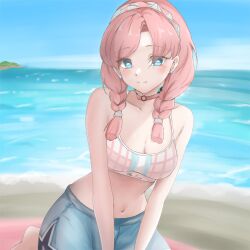 Rule 34 | 1girl, absurdres, arknights, bare arms, bare shoulders, beach, blue eyes, blue poison (arknights), blue poison (shoal beat) (arknights), blue shorts, braid, breasts, bright pupils, choker, cleavage, commentary request, crop top, earrings, hairband, highres, jewelry, long hair, looking at viewer, mameppu, medium breasts, midriff, navel, ocean, pink choker, pink hair, shorts, smile, solo, sports bra, stomach, twin braids, water, white pupils