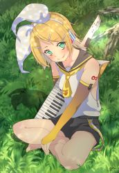 Rule 34 | 1girl, aqua eyes, bare legs, bare shoulders, barefoot, belt, blonde hair, bow, bridal gauntlets, dappled sunlight, full body, gloves, grass, hair bow, hair ornament, hairclip, headphones, headset, highres, holding, holding instrument, instrument, kagamine rin, kawadancho, keyboard (instrument), looking at viewer, necktie, sailor collar, short hair, shorts, shoulder tattoo, sitting, smile, solo, sunlight, tattoo, tongue, tongue out, vocaloid, white bow, yellow gloves