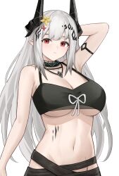 Rule 34 | 1girl, absurdres, arknights, arm up, bare arms, bare shoulders, bikini, black bikini, black choker, breasts, choker, commentary request, flower, hair flower, hair ornament, highres, horns, large breasts, long hair, material growth, mudrock (arknights), mudrock (silent night) (arknights), official alternate costume, oripathy lesion (arknights), pointy ears, rain (rain8649), red eyes, solo, stomach, swimsuit, upper body, very long hair, white hair, yellow flower
