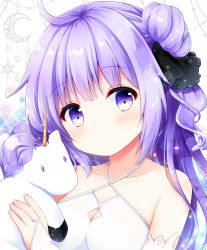 Rule 34 | 1girl, azur lane, bare shoulders, black ribbon, blush, breasts, bridal gauntlets, cleavage, closed mouth, collarbone, commentary request, crescent, criss-cross halter, dress, fingernails, hair bun, hair ribbon, halterneck, head tilt, holding, holding stuffed toy, long hair, looking at viewer, murasaki (murasakiiro no yoru), purple eyes, purple hair, ribbon, side bun, single hair bun, single side bun, small breasts, solo, star (symbol), stuffed animal, stuffed pegasus, stuffed toy, stuffed unicorn, stuffed winged unicorn, unicorn (azur lane), white background, white dress