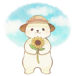 Rule 34 | :3, animal, ayu (mog), bad id, bad pixiv id, bear, black eyes, blue sky, blush, clothed animal, cloud, flower, hat, looking at viewer, no humans, original, sky, solo, standing, sunflower, white background