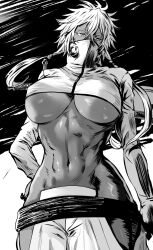 Rule 34 | 1girl, abs, arrancar, bleach, breasts, covering own mouth, crossed bangs, daraz, greyscale, hand on own hip, highres, large breasts, long bangs, long hair, looking to the side, monochrome, navel, revealing clothes, shrug (clothing), simple background, solo, stomach, tier harribel, toned, tri tails, underboob