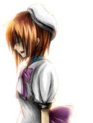 Rule 34 | 00s, 1girl, beret, bow, bowtie, brown hair, closed eyes, dress, from side, hat, higurashi no naku koro ni, pink bow, pink bowtie, profile, puffy short sleeves, puffy sleeves, ryuuguu rena, short hair, short sleeves, solo, tears, upper body, white dress