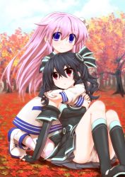 Rule 34 | 10s, 2girls, autumn leaves, bare shoulders, black hair, blush, d-pad, elbow gloves, gloves, hair ornament, hair ribbon, hug, hug from behind, kneeling, long hair, mizunashi (second run), multiple girls, nepgear, neptune (series), open mouth, panties, pantyshot, purple eyes, purple hair, red eyes, ribbon, sitting, smile, striped clothes, striped legwear, striped thighhighs, thighhighs, twintails, two side up, underwear, uni (neptunia), white panties, yuri