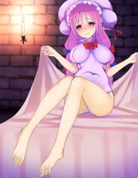 Rule 34 | 1girl, bad feet, barefoot, blanket, blush, breasts, candle, commentary request, female focus, hair ribbon, hat, highres, huge breasts, leotard, long hair, mob cap, patchouli knowledge, pink eyes, pink hair, ribbon, sitting, solo, touhou, tress ribbon, very long hair, wavy mouth, zuttokodomo
