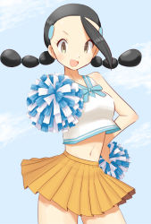 Rule 34 | 1girl, :d, alternate costume, black hair, brown eyes, candice (pokemon), cheerleader, collarbone, commentary request, creatures (company), eyelashes, game freak, hair ornament, hairclip, long hair, looking at viewer, multi-tied hair, navel, nintendo, open mouth, pleated skirt, pokemon, pokemon dppt, pom pom (cheerleading), shirt, skirt, sleeveless, sleeveless shirt, smile, solo, tetsukuzu (yajirushi shita), tongue, twintails, white shirt