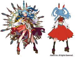 Rule 34 | &gt;:o, 1girl, :o, amaterasu (valkyrie connect), blue hair, blush, braid, breasts, clog sandals, detached sleeves, dress, floating hair, from behind, full body, gaou (umaiyo puyoman), hair rings, hand on own hip, legs apart, long hair, looking at viewer, multiple views, official art, okobo, open mouth, pelvic curtain, platform clogs, red dress, red eyes, red legwear, sandals, small breasts, socks, standing, tabi, v-shaped eyebrows, valkyrie connect, watermark, white background
