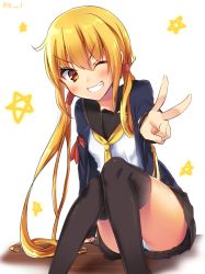 Rule 34 | &gt;;d, 10s, 1girl, ;d, ahoge, artist name, black skirt, blazer, blonde hair, blush, eyebrows, grin, hair tubes, hand gesture, highres, jacket, kantai collection, knees together feet apart, knees up, legs together, long hair, long sleeves, looking at viewer, low twintails, miniskirt, navy (navy.blue), neckerchief, one eye closed, open clothes, open jacket, open mouth, orange eyes, outstretched arm, panties, pantyshot, pentagram, pleated skirt, ribbon, sailor collar, satsuki (kancolle), satsuki kai ni (kancolle), school uniform, serafuku, shiny skin, shirt, simple background, sitting, skirt, smile, solo, star (symbol), teeth, thighs, twintails, underwear, upskirt, v, v-shaped eyebrows, very long hair, white background, white panties, white shirt, wooden floor, yellow ribbon