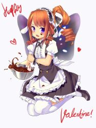 Rule 34 | 1girl, apron, black footwear, blouse, blush, bonkiru, brown hair, chocolate, cosplay, curly hair, drill hair, fleur de lapin uniform, food, food on face, frilled apron, frilled shirt, frills, full body, gochuumon wa usagi desu ka?, happy valentine, heart, highres, loafers, long hair, looking at viewer, maid, mixing bowl, open mouth, original, over-kneehighs, ponytail, puffy short sleeves, puffy sleeves, purple eyes, shirt, shoes, short sleeves, simple background, solo, spatula, swept bangs, thighhighs, waist apron, white background, white shirt, white thighhighs