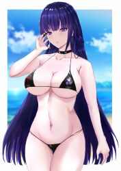 Rule 34 | 1girl, absurdres, bare shoulders, bikini, black bikini, black choker, breasts, choker, closed mouth, collarbone, commentary request, cowboy shot, day, earrings, expressionless, highres, honkai (series), honkai impact 3rd, jewelry, large breasts, long hair, looking at viewer, mordrex art, navel, outdoors, parted lips, purple eyes, purple hair, raiden mei, raiden mei (apho), single earring, sky, solo, standing, stomach, swimsuit