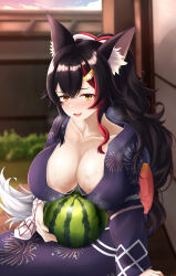 Rule 34 | 1girl, absurdres, animal ear fluff, animal ears, black hair, blush, breasts, cleavage, collarbone, fang, food, fruit, hair between eyes, hair ornament, highres, holding, holding food, holding fruit, hololive, large breasts, long hair, looking at viewer, mee don, multicolored hair, ookami mio, open mouth, red hair, solo, streaked hair, sweat, tail, tail wrap, two-tone hoodie, virtual youtuber, watermelon, wolf ears, wolf girl, wolf tail, yellow eyes