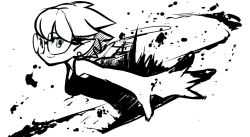 Rule 34 | 1girl, blue eyes, character request, dress, earrings, from side, greyscale, highres, ink, jewelry, leaning forward, looking at viewer, monochrome, nintendo, outstretched arms, poaro, pointy ears, short hair, simple background, solo, splashing, splatoon (series), splatoon 1, spot color, white background