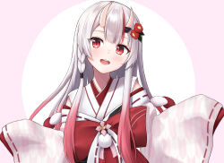 Rule 34 | 1girl, :d, blush, border, colored tips, commentary request, flower, grey hair, hair flower, hair ornament, highres, hololive, kakinotane e, long hair, long sleeves, looking at viewer, multicolored hair, nakiri ayame, nakiri ayame (shrine maiden), nontraditional miko, official alternate costume, open mouth, pink background, red eyes, red hair, ribbon-trimmed sleeves, ribbon trim, round border, sleeves past fingers, sleeves past wrists, smile, solo, streaked hair, two-tone background, upper body, virtual youtuber, white background, wide sleeves, yagasuri