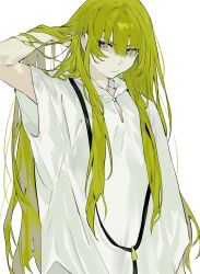 Rule 34 | 1other, androgynous, arm up, enkidu (fate), fate/grand order, fate (series), frown, green hair, hair between eyes, hair lift, hand in own hair, highres, kingu (fate), long hair, looking at viewer, nonobe9781, purple eyes, robe, simple background, solo, upper body, very long hair, white background, white robe