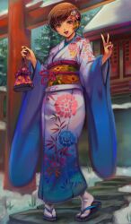 Rule 34 | 1girl, absurdres, architecture, blue footwear, blurry, blurry background, blush, breasts, brown hair, east asian architecture, eyelashes, floral print, flower, full body, hair flower, hair ornament, hands up, heel up, highres, holding, japanese clothes, kimono, kinchaku, long sleeves, looking at viewer, new year, obi, open mouth, orange eyes, orange sash, outdoors, persona, persona 4, pouch, print kimono, sandals, sash, satonaka chie, short hair, shrine, small breasts, snow, solo, standing, swept bangs, tabi, teeth, toasty scones, torii, upper teeth only, v, wide sleeves, zouri