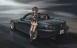 Rule 34 | 1girl, absurdres, ascot, bad id, bad pixiv id, black socks, blue eyes, bokuya, brown hair, car, closed mouth, convertible, flower, gloves, highres, honda, honda s2000, kantai collection, kneehighs, license plate, long hair, long sleeves, looking at viewer, messy hair, military, military uniform, motor vehicle, pleated skirt, red ascot, red flower, red rose, rose, sheffield (kancolle), skirt, smile, socks, solo, uniform, vehicle focus, white gloves, white skirt