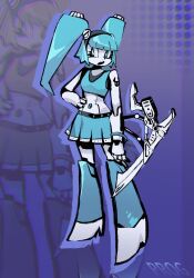 Rule 34 | 1girl, android, arm blade, bionicle, blue eyes, blue hair, blue shirt, blue skirt, bracelet, cropped shirt, hand on own hip, highres, jenny wakeman, jewelry, looking to the side, metal skin, my life as a teenage robot, open mouth, prog ares, purple background, shirt, skirt, sleeveless, sleeveless shirt, solo, the lego group, twintails, weapon, zoom layer