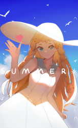 Rule 34 | 1girl, absurdres, bird, blonde hair, blue eyes, chinese commentary, closed mouth, cloud, collared dress, commentary request, creatures (company), day, dress, eyelashes, game freak, gen 3 pokemon, hand up, hat, heart, highres, lillie (pokemon), long hair, looking at viewer, nintendo, outdoors, pokemon, pokemon (creature), pokemon sm, sky, sleeveless, sleeveless dress, smile, summer, summer (724788381), sun hat, sundress, white dress, white headwear, wingull