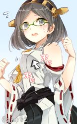 Rule 34 | 10s, 1girl, bare shoulders, black eyes, black hair, blush, breast poke, breasts, cursor, detached sleeves, glasses, green-framed eyewear, hairband, japanese clothes, kantai collection, kirishima (kancolle), large breasts, looking at viewer, nontraditional miko, open mouth, parted bangs, poking, sash, shijima (sjmr02), short hair, solo, twitter username