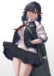 Rule 34 | 1girl, black hair, blue eyes, case, collared shirt, hair between eyes, hands in pockets, highres, jewelry, kayui2021, kill la kill, looking at viewer, matoi ryuuko, multicolored hair, necklace, pleated skirt, red hair, red neckwear, school uniform, shirt, short hair, simple background, skirt, solo, standing, streaked hair, sweater, two-tone hair, white background, white shirt