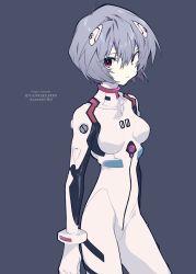 Rule 34 | 1girl, absurdres, ayanami rei, bodysuit, character name, closed mouth, commentary request, copyright name, cowboy shot, eyes visible through hair, grey hair, hair between eyes, headgear, highres, interface headset, looking at viewer, mochizuki kei, neon genesis evangelion, pilot suit, plugsuit, red eyes, short hair, solo, standing, white bodysuit