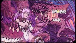 Rule 34 | 1girl, :d, abyssal ship, animal hands, artist name, bad link, bare shoulders, black border, border, breasts, claws, covered navel, crossover, dragon girl, dragon horns, dragon tail, dragon wings, extra mouth, fangs, from side, gold teeth, gorget, highres, horns, jabberwock (monster girl encyclopedia), kantai collection, large breasts, leotard, monster girl, monster girl encyclopedia, open mouth, purple hair, purple theme, ramenwarwok, red eyes, second-party source, signature, smile, solo, standing, tail, tentacles, white leotard, wings