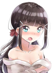 Rule 34 | 10s, 1girl, :o, bare shoulders, blunt bangs, blush, breasts, brown hair, brown jacket, cleavage, collarbone, commentary request, hair ornament, hair ribbon, hairclip, jacket, kurosawa dia, long hair, long sleeves, looking at viewer, love live!, love live! sunshine!!, mole, mole under mouth, nose blush, off shoulder, open mouth, red ribbon, ribbon, sidelocks, simple background, sin (sin52y), small breasts, solo, upper body, white background
