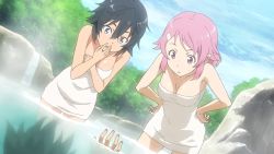 Rule 34 | 10s, 1boy, 2girls, black hair, blue eyes, breasts, cleavage, collarbone, covering own mouth, game cg, hand over own mouth, hands on own hips, lisbeth (sao), lisbeth (sao-alo), medium breasts, multiple girls, naked towel, outdoors, partially submerged, philia (sao), philia (sao-alo), pink eyes, pink hair, short hair, sword art online, sword art online: lost song, towel, wading
