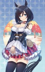 Rule 34 | 1girl, animal ears, autumn leaves, bare shoulders, black hair, black thighhighs, blue eyes, breasts, choker, cleavage, collarbone, commentary, corset, detached sleeves, eishin flash (umamusume), hair between eyes, hair ribbon, highres, horse ears, horse girl, horse tail, itou youichi, large breasts, long sleeves, looking at viewer, own hands together, red skirt, ribbon, school, shirt, short hair, skindentation, skirt, smile, solo, striped clothes, striped skirt, tail, thighhighs, thighs, tree, umamusume, white shirt, zettai ryouiki